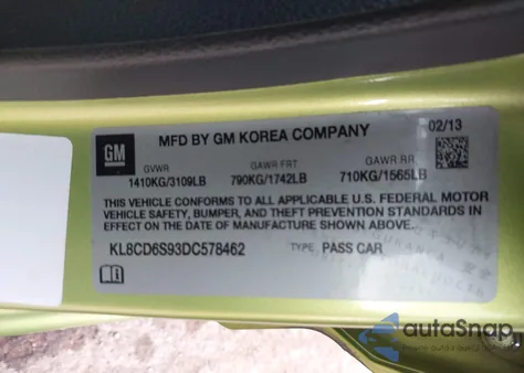 2013 Chevrolet Spark 1Lt Auto from USA, damaged, VIN KL8CD6S93DC578462